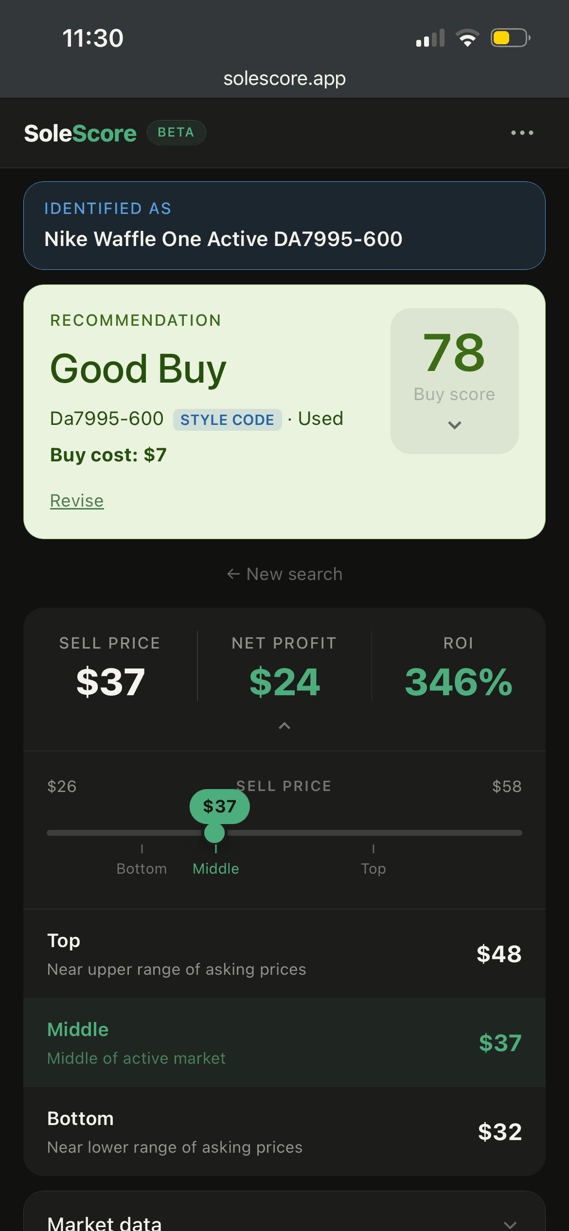 SoleScore result for Nike Waffle One Active — Good Buy, Score 78