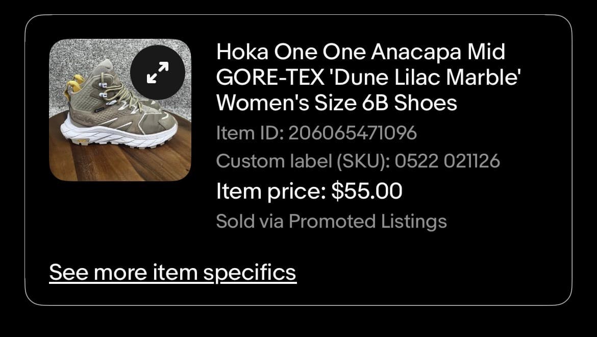 eBay sold listing for Hoka One One Anacapa Mid GORE-TEX — sold for $55.00