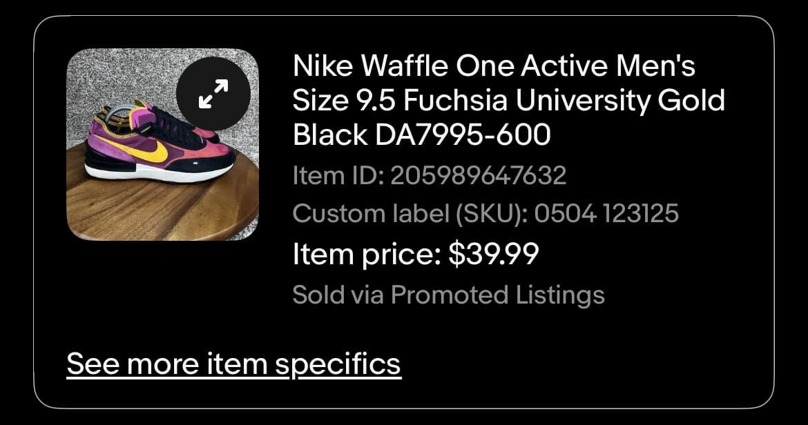 eBay sold listing for Nike Waffle One Active — sold for $39.99